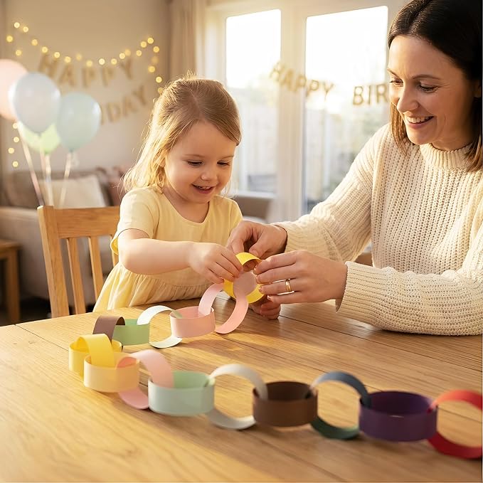 Macaron Pastel Paper Chain & Mirror Star Garland Kit with Double-Sided Tape, Pre-Cut 10 Colors Strips. Ideal for Birthday, Baby Shower, Wedding & Party Decor. (800, 2 x 8.27 Inches)