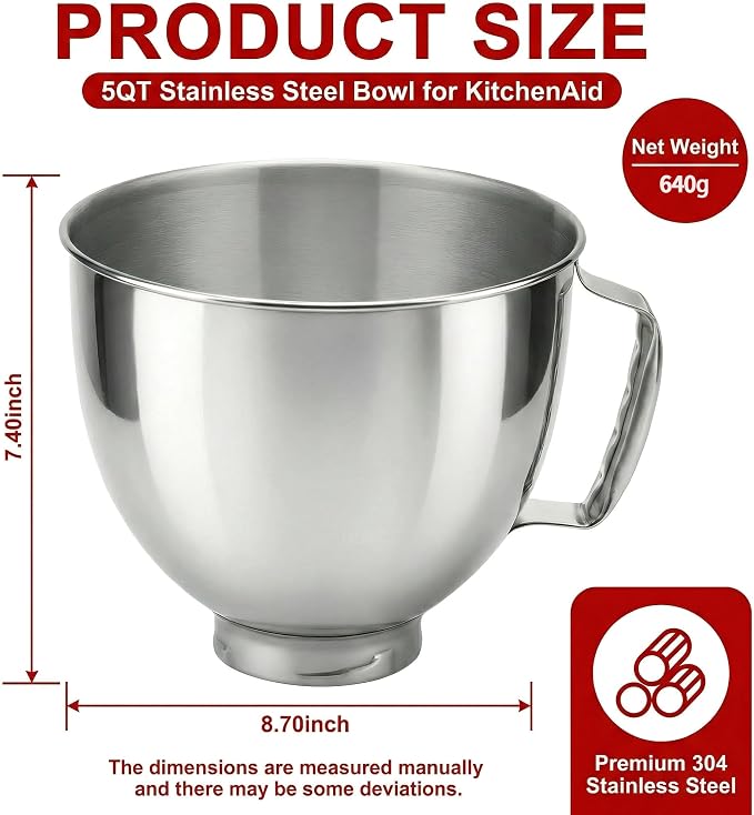5QT Stainless Steel Mixer Bowl Replacment, Compatible with KitchenAid Tilt-Head Stand Mixers, Artisan&Classic Series 4.5-5QT K45 KSM70 KSM150