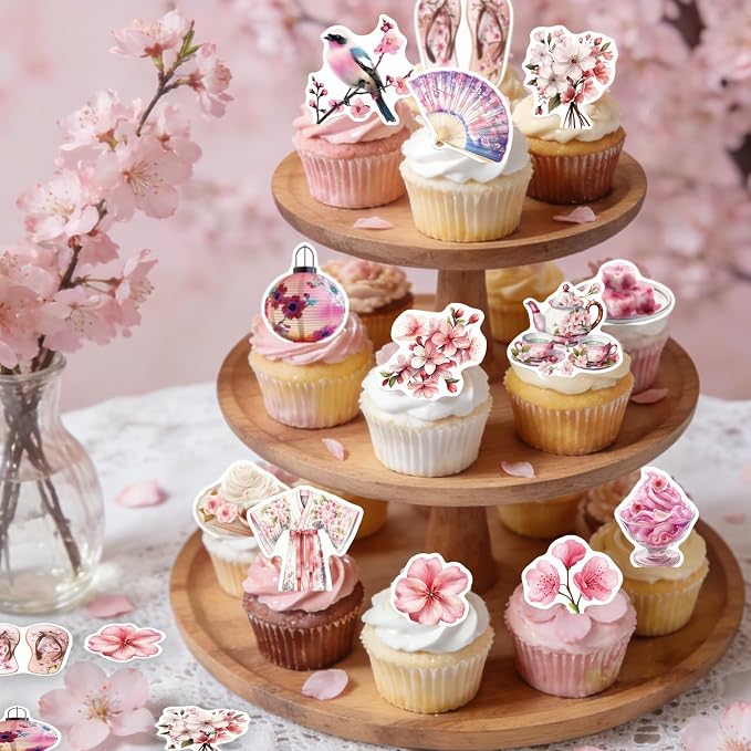 56PCS Edible Cherry Blossoms Cupcake Toppers Japanese Edible Cherry Flowers Tree Cake Picks Wafer Paper Cherry Cupcake Decors for Cherry Theme Party Cake Supplies