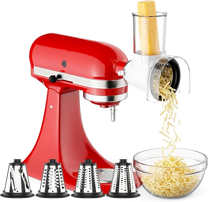 GVODE Cheese Grater Attachment for KitchenAid Stand Mixer – 3inch Large Feed Chute Splash-Proof Shredder, 4 Interchangeable Stainless Steel Blades, Dishwasher Safe KitchenAid Mixer Attachments
