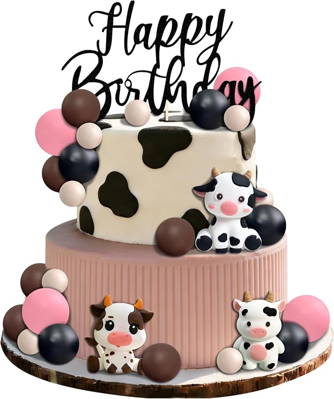 Cow Cake Topper, Happy Birthday Cake Decoration with Farm Animal Theme (black)