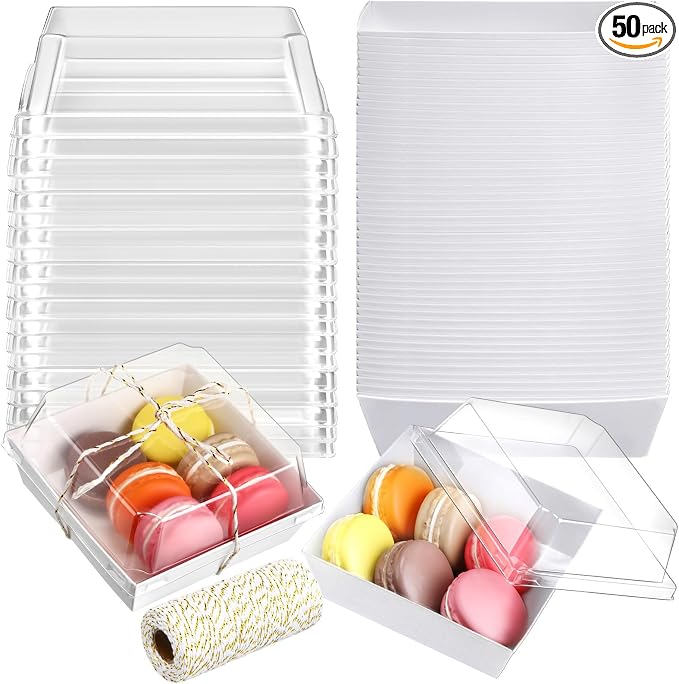 Jetec 50 Pack Charcuterie Boxes with Clear Lids and Rope 4 Inches Cake Disposable Square Dessert Food Box Containers with Lids for Bakery Macaron Cookies Strawberries Fruits Display (White)
