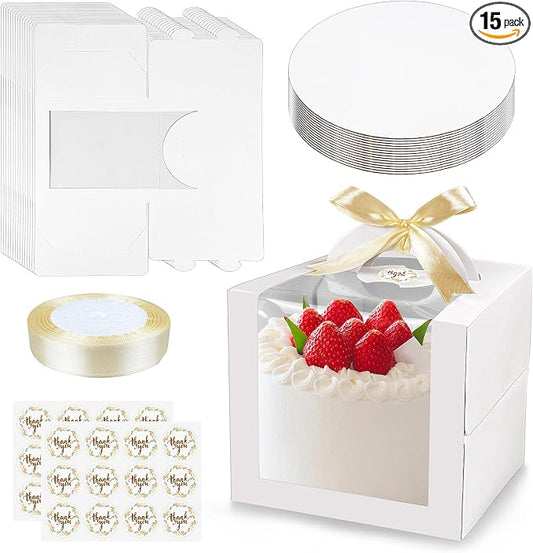 MUMULULU 15 PCS 6 x 6 x 6 Inches Cake Boxes with Carry Handles and Cake Boards White Bakery Boxes with Silk Ribbon and Stickers for Cakes Pastries Birthday Party Wedding