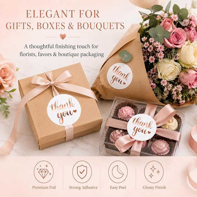 White Rose Gold Thank You Stickers roll, 500 Labels Roll, 1.5 Inch Round Self Adhesive Stickers for Packaging, Envelopes, Bags, Boxes & Wedding Favors