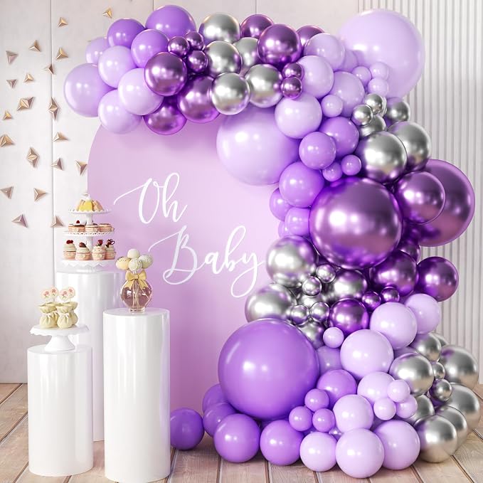 MEBAY Purple and Silver Balloon Garland Arch Kit, 166Pcs Purple Metallic Pastel Lavender Maca Lilac Violet Gold Chrome Balloons for Birthday Wedding Baby Shower Party Decoration