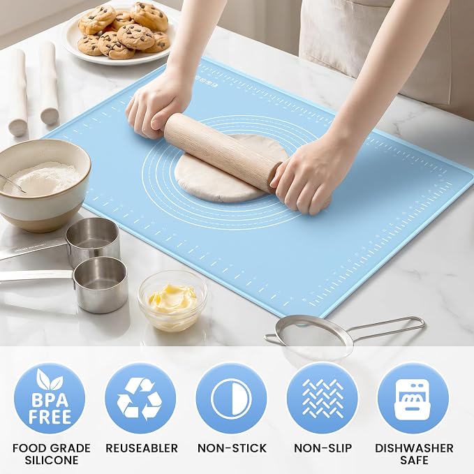 Silicone Baking Mat 24x16 Inches | Extra Thick Dough Rolling Mat with Measurements and Edge Heightening | Non-Stick Food Grade Pastry Mat for Pastry, Bread, Cookies, Pizza, Fondant & Pasta