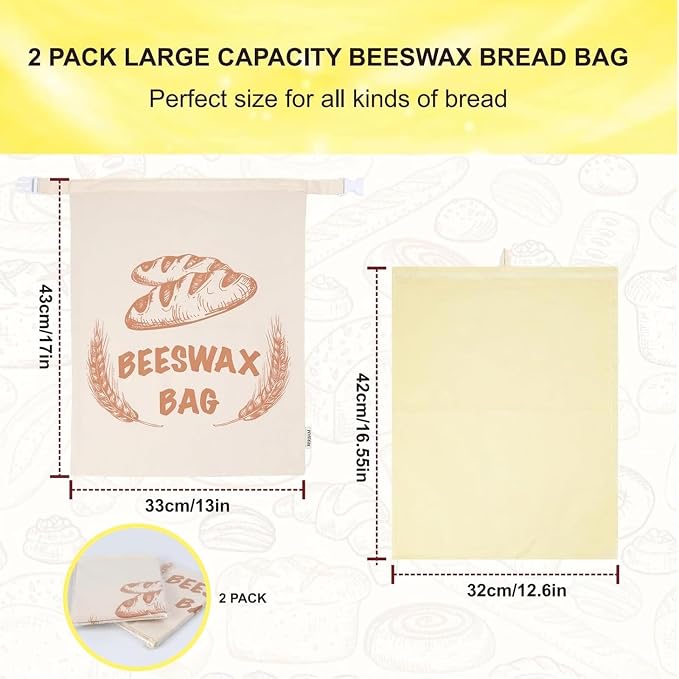 2-Pack XL Reusable Bread Bags For Homemade Bread With Removable Cotton Beeswax Lining, 13x17 Inches Ideal Bag For Home Baking