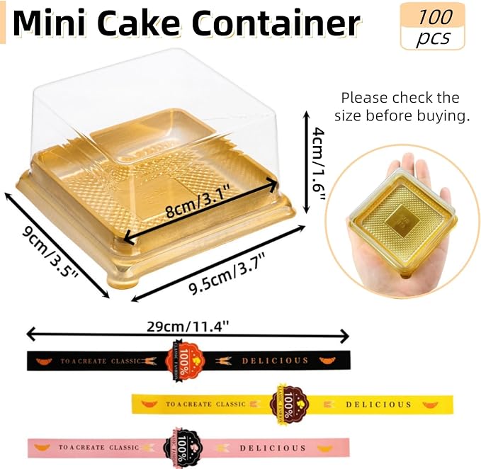 ZAVOOS 100 Pack 3 Inch Mini Cake Container, Small Clear Plastic Cupcake Box with Lids Stickers, Single Square Muffin Cookies Packing Box for Individual Chocolate, Wedding Party, Birthday