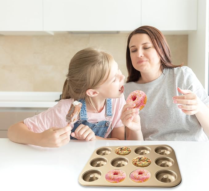 Donut Pans 2 Pack, Non-Stick 12-Cavity Donut Pan for Baking, Carbon Steel Doughnut Trays for Mini Bagels and Cake, Doughnut Bakeware Oven Baking (Gold)