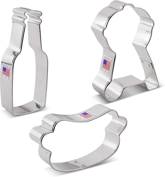 Ann Clark 3-Pc. Father’s Day BBQ Cookie Cutter Set, Made in USA, BBQ Grill, Beer/Soda Bottle, Hot Dog