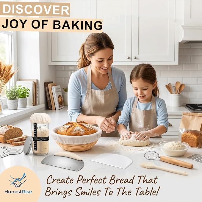 Sourdough Starter Kit with 9 Inch Round Banneton Proofing Basket & Starter Jar, Natural Rattan Bread Proofing Basket Set for Homemade Artisan Bread, Beginner Bread Making Supplies, Gift for Bakers