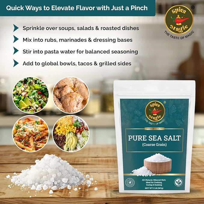 Spice Magic Pure Sea Salt, Coarse Grain, 2 lb (32 oz)|Unrefined | Ideal for Salt Grinders Cooking & Culinary Use