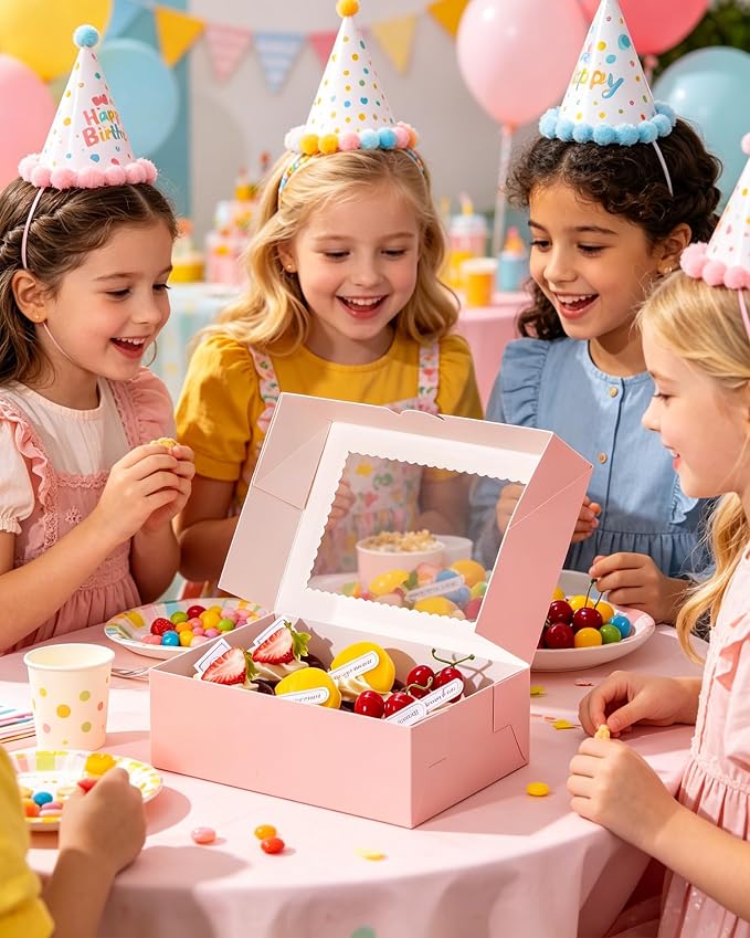 COTOPHER 50Pcs Cookie Boxes with Ribbons, 9x6x3 Inch Bakery Boxes with Window, Pink Treat Containers for Pastries, Chocolate Covered Strawberries, Dessert, Easter Candy, Muffins, Donuts