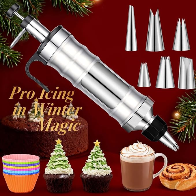 Dessert Decorating Syringe Set, Frosting Piping Kit, Stainless Steels Icing Piping Kit, Cake Decorating Tools 6 Russian Piping Icing Nozzles Cupcake Piping Kit Christmas Baking Gifts