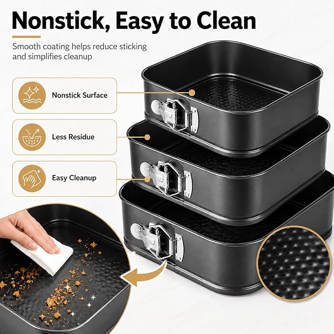 3 Pack Square Springform Pan Set, 8/9/10 Inch Nonstick Cheesecake Pans with Removable Bottom, Carbon Steel Square Cake Pans for Baking Cheesecake, Pizza, Quiche, Desserts
