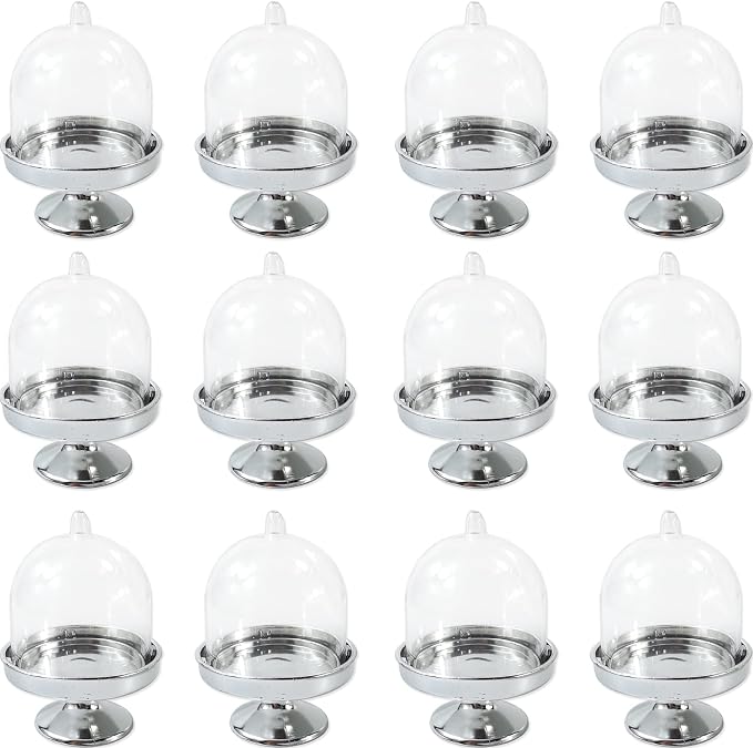 TIHOOD 12PCS Mini Cupcake Stand, Tiny Cake Dome with Clear Plastic For Chocolate, Cheese, Coconut Macaroons, Rum Balls, Candies & More! (Silver)