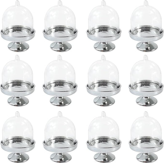 TIHOOD 12PCS Mini Cupcake Stand, Tiny Cake Dome with Clear Plastic For Chocolate, Cheese, Coconut Macaroons, Rum Balls, Candies & More! (Silver)