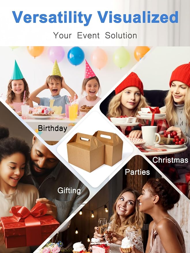 Shallive 50 Pcs Large Treat Boxes 9x6x6 Inch Brown Gable Gift Boxes with Handle Kraft Lunch Boxes Recycled Paper Gift Bags Take Out Cookie Boxes Welcome Boxes Candy Bags For Wedding Supplies