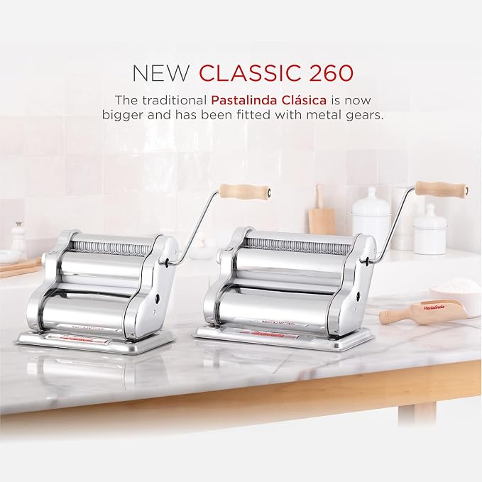 PASTALINDA Classic 260 Pasta Maker Machine, 26 cm Wide Rollers, 9 Thickness Positions, 2 Cutting Positions, Stainless Steel. Includes Reinforced Hand Crank And Two Clamps (White)