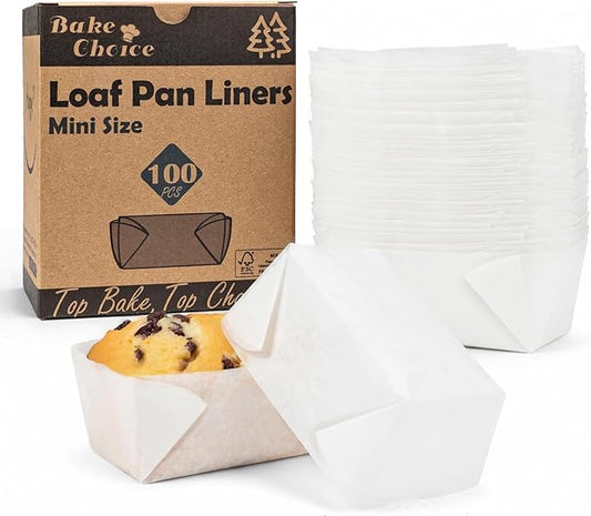Bake Choice 100 Pcs White Mini Loaf Pan Liners Compatible with Wilton Mini Loaf Pan, Natural Parchment Paper Cupcake Liners, Petite Loaf Baking Cups for Cupcake, Muffin, Brownies, 3.15*1.97*1.57inch