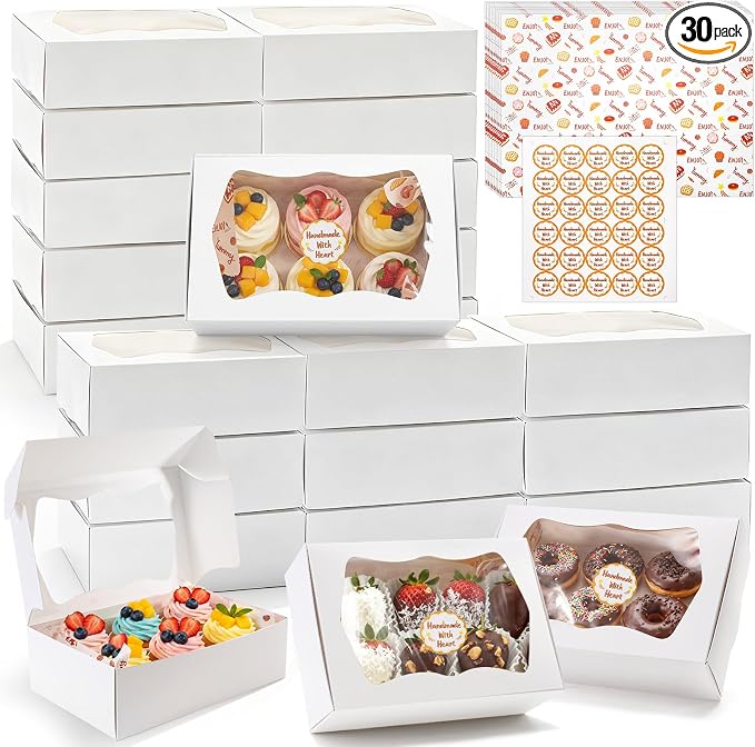 30 Pack Bakery Boxes with Window, 9.5"×6"×3" Cookies Box with Wax Paper, Paperboard Pie Cake Treat Boxes with 30 Stickers, Bakery Gift Box Container for Dessert Mini Cake Pastry Birthday