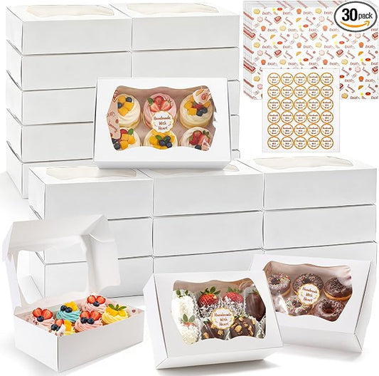 30 Pack Bakery Boxes with Window, 9.5"×6"×3" Cookies Box with Wax Paper, Paperboard Pie Cake Treat Boxes with 30 Stickers, Bakery Gift Box Container for Dessert Mini Cake Pastry Birthday