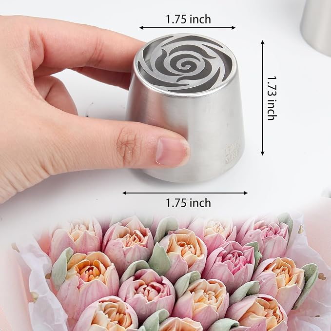 12-Piece Extra-Large Russian Flower Piping Tip Set, Stainless Steel Rose and Tulip Piping Tips for Cake Decoration, Including 10 Extra-Large Flower Tips, 1 Leaf Tip, and 1 Brush