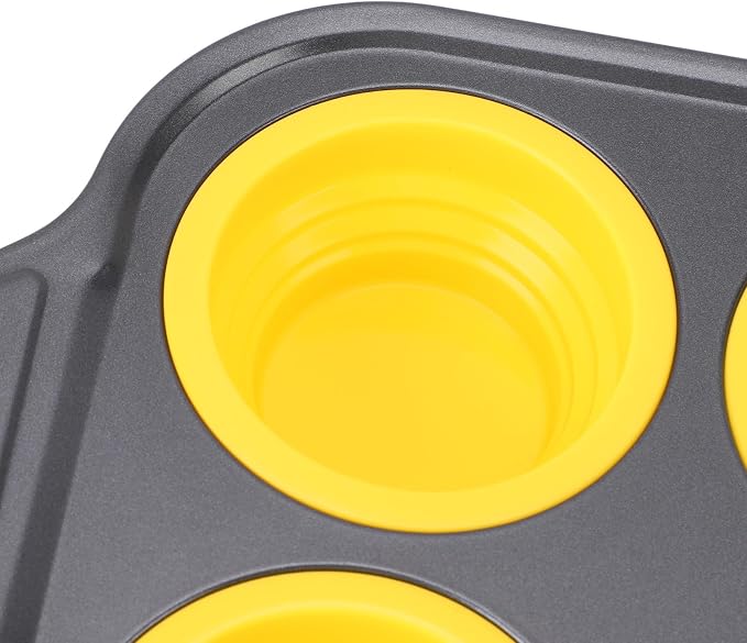Zerodis Silicone Muffin Pan, Foldable Cupcake Baking Tray Non Stick Cake Maker Tray for Bread Tart Desserts Doughnut (Yellow)