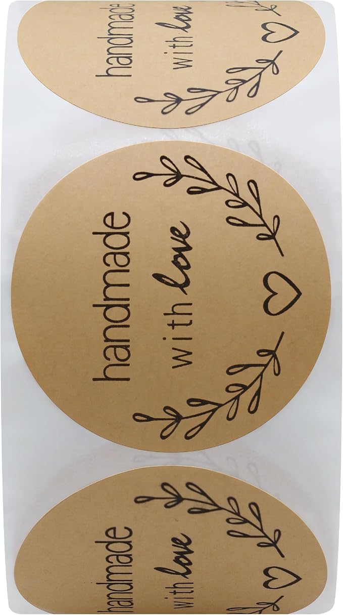 Hybsk Kraft Olive Branch Handmade with Love Stickers 1.5 inch Round Total 500 Labels on a Roll (Kraft)
