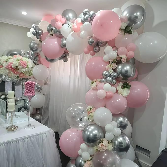 Pink Winter Wonderland Balloon Arch Garland Kit, Pink White Metallic Silver Balloons with Snowflake Star Foil Balloons for Winter Christmas Baby Its Cold Outside Baby Shower Birthday Party Decorations