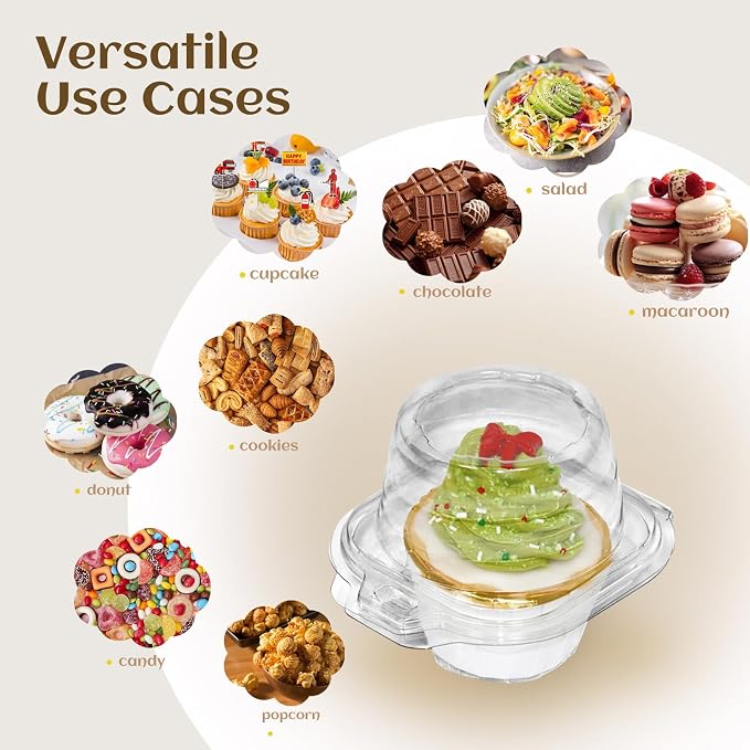 WIKDAY 50 Pcs Individual Cupcake Containers, Clear Plastic Cupcake Holders with Lids, Spacious 3" Design for Frosted Cupcakes, Stackable & Reusable for Parties, Baking, Picnics