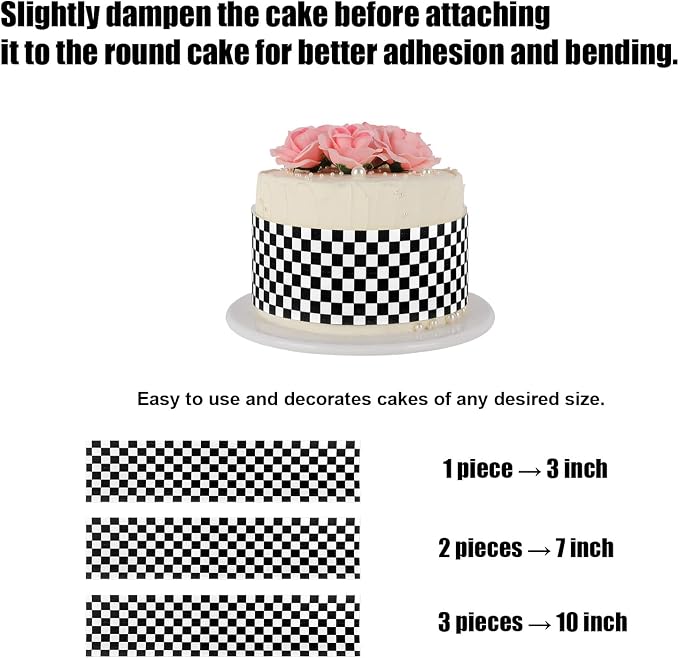 3pcs Edible Cake Borders, 28x6.2cm/11x2.44in Black White Checkered Birthday Cake Decorations Pre-Cut Rice Paper Wrap Strips for Racing Cars Theme Images Birthday Party Dessert Decorations