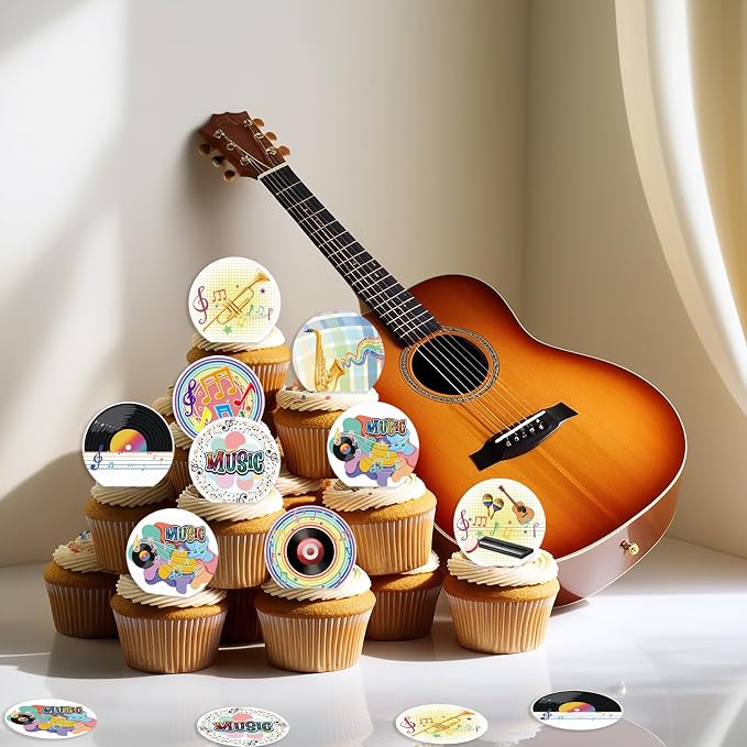 36PCS Edible Musical Cupcake Toppers Wafer Paper Music Symbol Cake Picks Music Concert Cake Topper CD Piano Violin Cupcake Picks for Concert Theme Party Decor