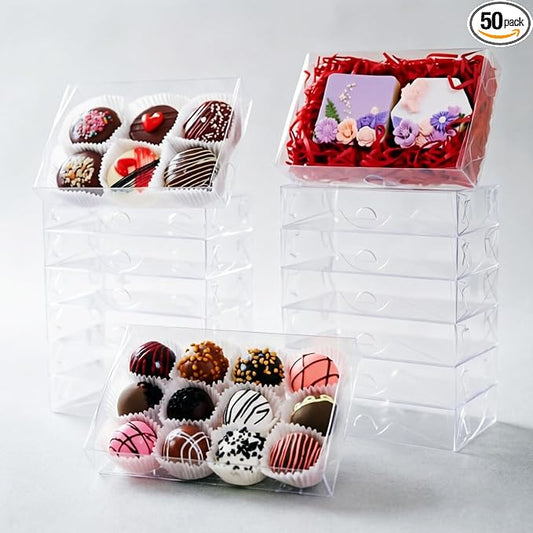 50PCS Clear Cookie Boxes with Window 7x4.3x1.5 Inch for Chocolate Truffle, Brownie, Bakery Pastry, Gift, Soap, Dount, Cake, Party Favors and Christmas
