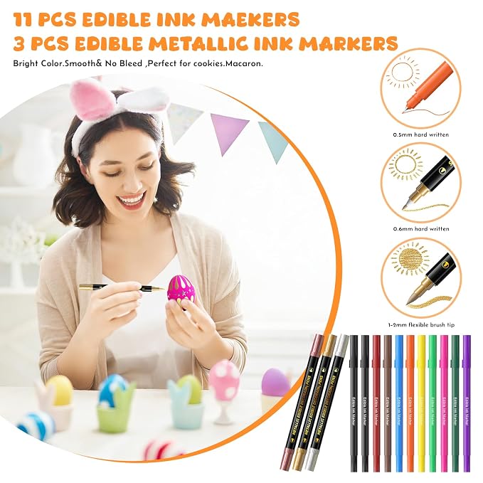 Jewem Edible Markers for Cookie Decorating, 14 Pcs Food Coloring Pens, Double-Sided Food Grade Pens with Fine & Thick Tip for Decorating Fondant, Cakes, Cookies, Icing, Frosting and Macarons