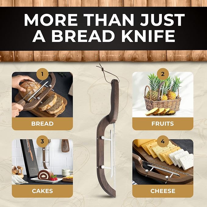 Adjustable Bread Bow Knife for Perfect Slices, Premium Wooden Frame, Tool-Free Blade Replacement, Multi-Thickness Cutter for Homemade Bread, Sourdough, Bagels, Loaves - Australian Mountain Ash