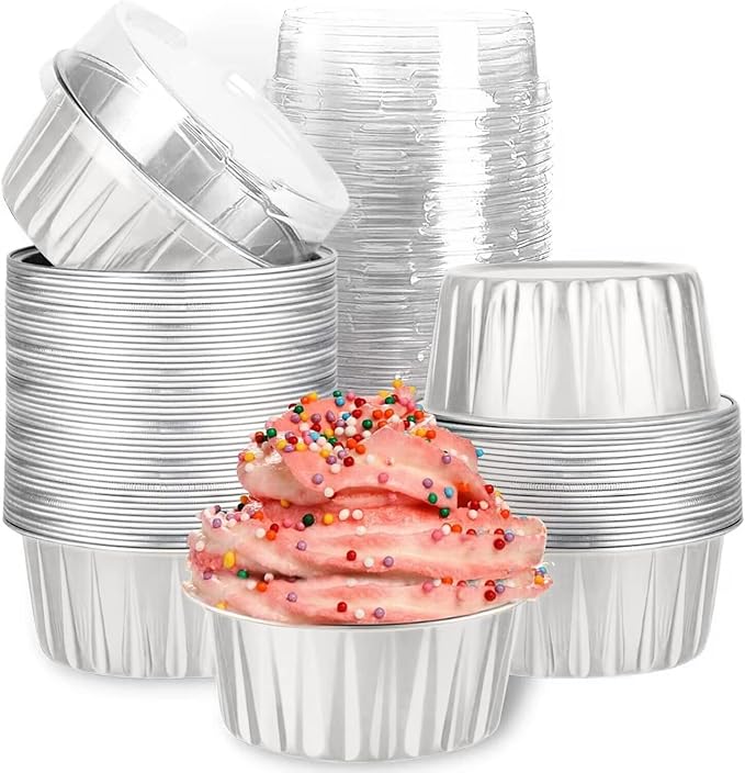 Mini Aluminum Foil Cupcake Baking Cups with Lids (40pcs, 10oz) Round Cupcake Foil Liners Tart Pie Tin Pan Holder - Disposable Mini Cake Containers Flan Molds for Pudding, Souffle, Party, Wedding