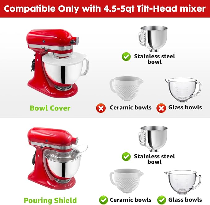 for KitchenAid 4.5-5 Quart Tilt-Head Stand Mixers, Secure Pouring Shield & Mixers Bowl Covers Fits 4.5-5 Quart Stainless Steel Bowls, Mixer Splatter Guard Lids(Pack of 2)
