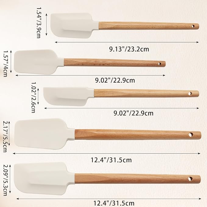 Uenhoy 5 Pack Silicone Spatula Set, Non-stick Wooden Handle Rubber Spatulas for Baking Cooking Frosting, 600°F Heat Resistant, Off White