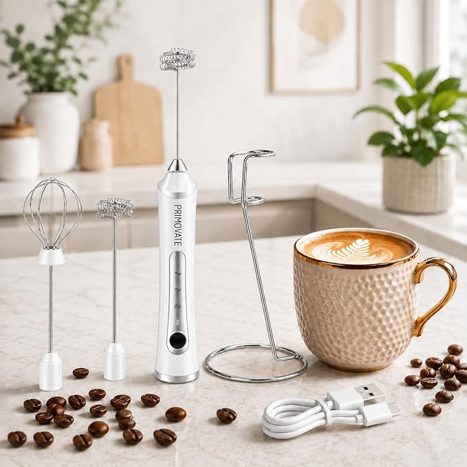 Rechargeable Milk Frother Handheld, Electric Coffee Frother with 2 Whisk, 3-Speed Powerful Drink Mixer, USB-C, Milk Foamer for Coffee,Latte,Cappuccino,Matcha & HotChocolate(White + Stand)