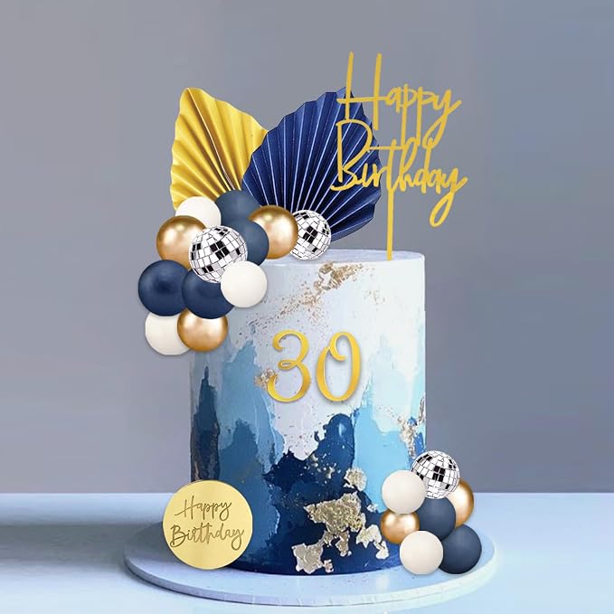 42Pcs Gold Blue White Balls Cake Topper Decorations with Disco Balls Palm Leaves Acrylic Numbers 0-9 and Happy Birthday Cake Toppers for Boho Wedding Baby Shower Birthday Party Supplies