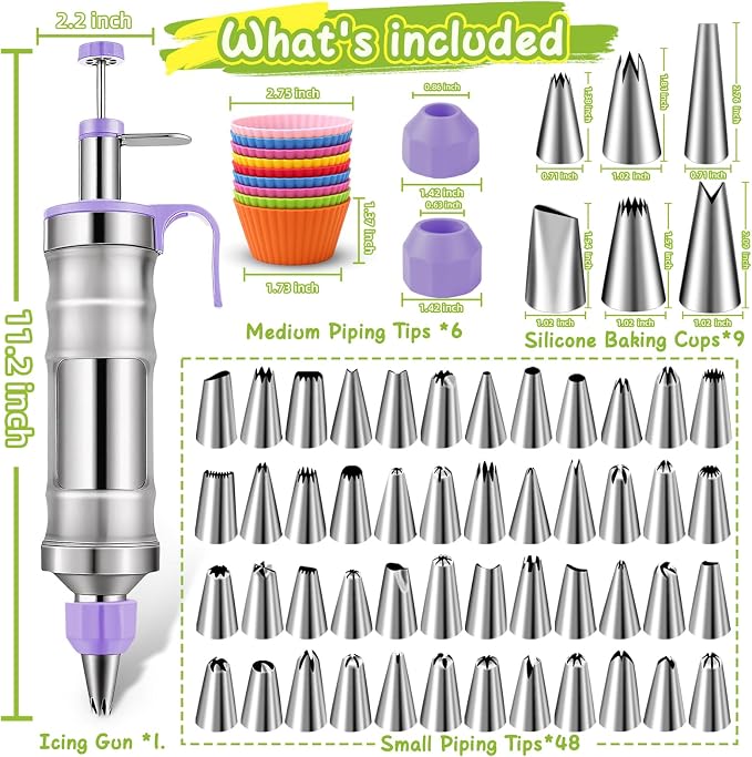 NOVANO Dessert Decorating Syringe Set, Frosting Piping Kit | Stainless Steel, 54 Piping Tips, 9 Silicone Cupcakes, Cake Decorating Kit, Cupcake Decorating Kit