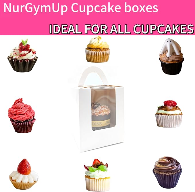 Individual Cupcake Boxes Bulk, 50 Pack Premium Single Cupcake Boxes with Clear Display Window, Food Grade White Cupcake Carrier Cupcake Container, Perfect for Cupcakes Muffins Cookies
