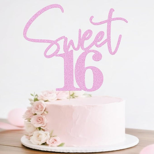 Pink Glitter Sweet 16 Cake Toppers | Happy Sweet Sixteen Birthday Party Cake Decor for Cheers to 16 Years Anniversary Party Decorations Supplies