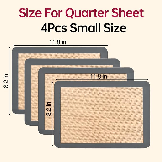 4 Pcs Silicone Baking Mat, Reusable Liners For Nonstick Baking, Easy Cleanup, Fits Small Quarter Sheet Pans For Cookies, Veggies And Pastry, Grey