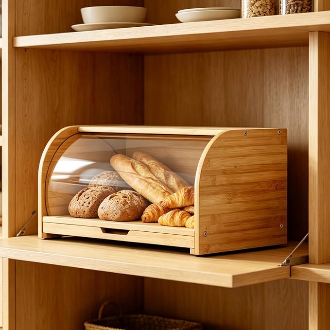 Roll Top Bread Container for Kitchen Countertop, Bamboo Bread Box with Clear Lid, Bread Container Storage（Bamboo with cutting board）