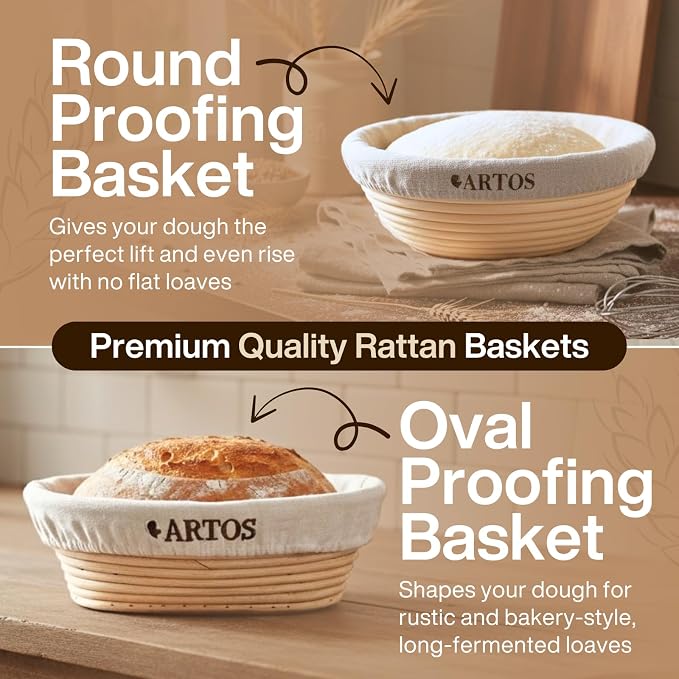 Sourdough Starter Kit | 9" Round & 10" Oval Banneton Bread Proofing Baskets | Sourdough Bread Baking Supplies with Silicone Sling Dough Whisk, Scrapers Lame, Detailed Guide & Recipes & more