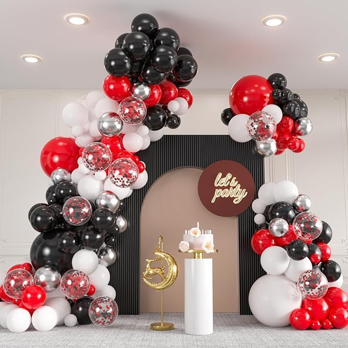 136pcs Red and Black Balloons Arch kit, 18 12 10 5 Inch Red and White Silver Confetti Balloons 2025 Graduation, Birthday Decorations, Baby Shower, Casino, Race Car, Mother’s Day Party