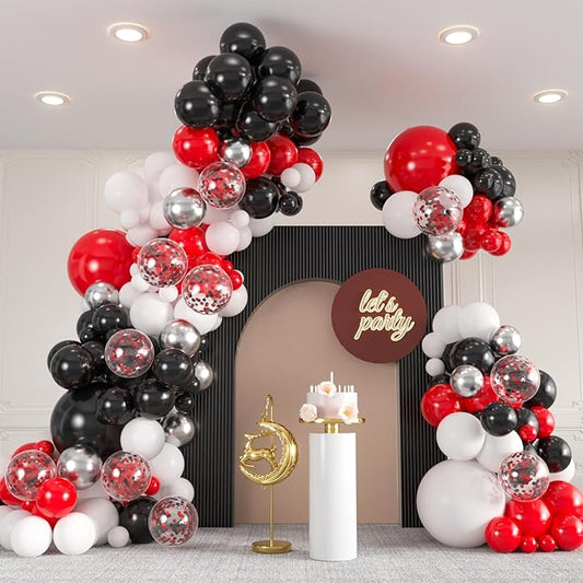 136pcs Red and Black Balloons Arch kit, 18 12 10 5 Inch Red and White Silver Confetti Balloons 2025 Graduation, Birthday Decorations, Baby Shower, Casino, Race Car, Mother’s Day Party
