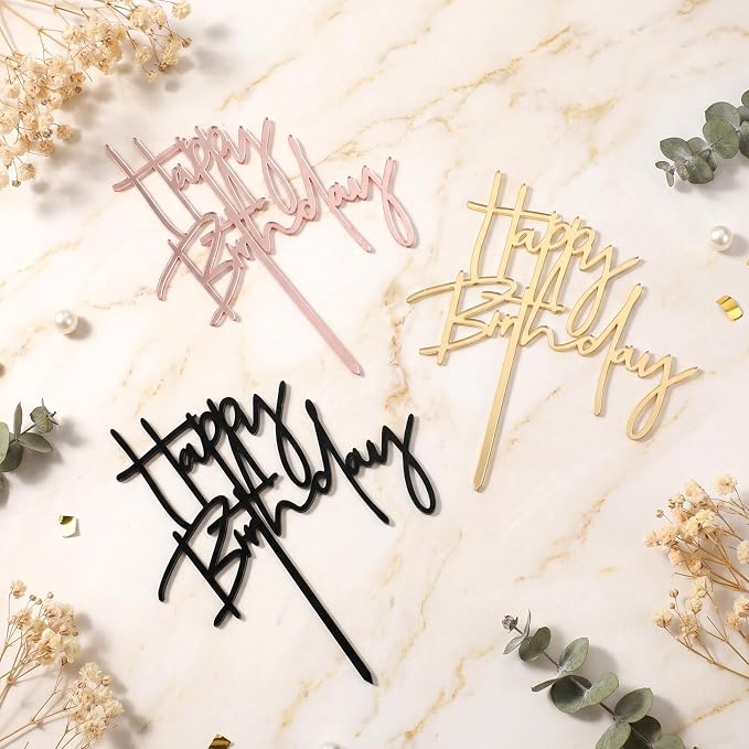 Ouligay 3 PCS Rose Black Gold Happy Birthday Cake Toppers Acrylic Cupcake Toppers Happy Birthday Cake Decorations Sign Cakes Supplies for Party Cupcake Pastries Dessert, Girls and Adults